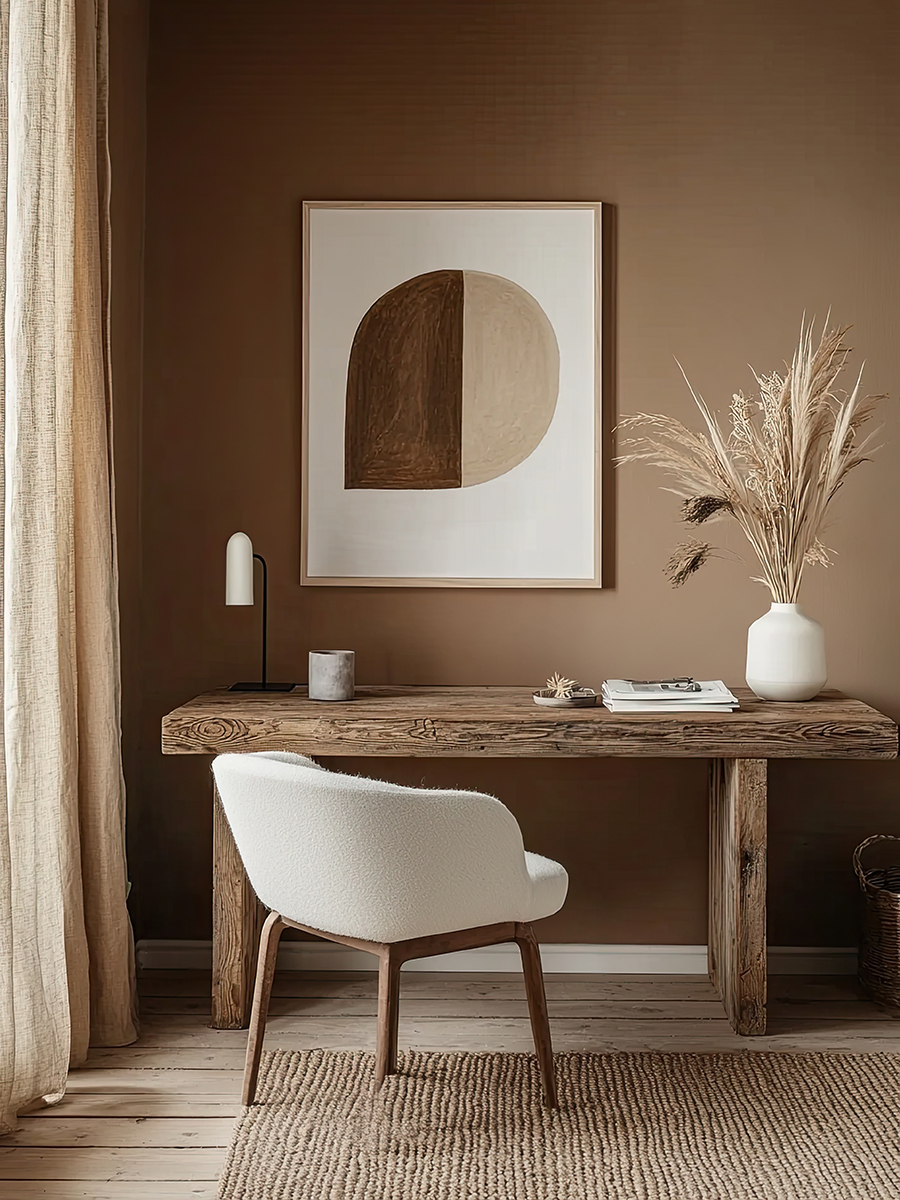 brown home officer decor with wooden floor and cream chair